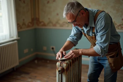 Homme d'âge moyen ponçant un radiateur en intérieur