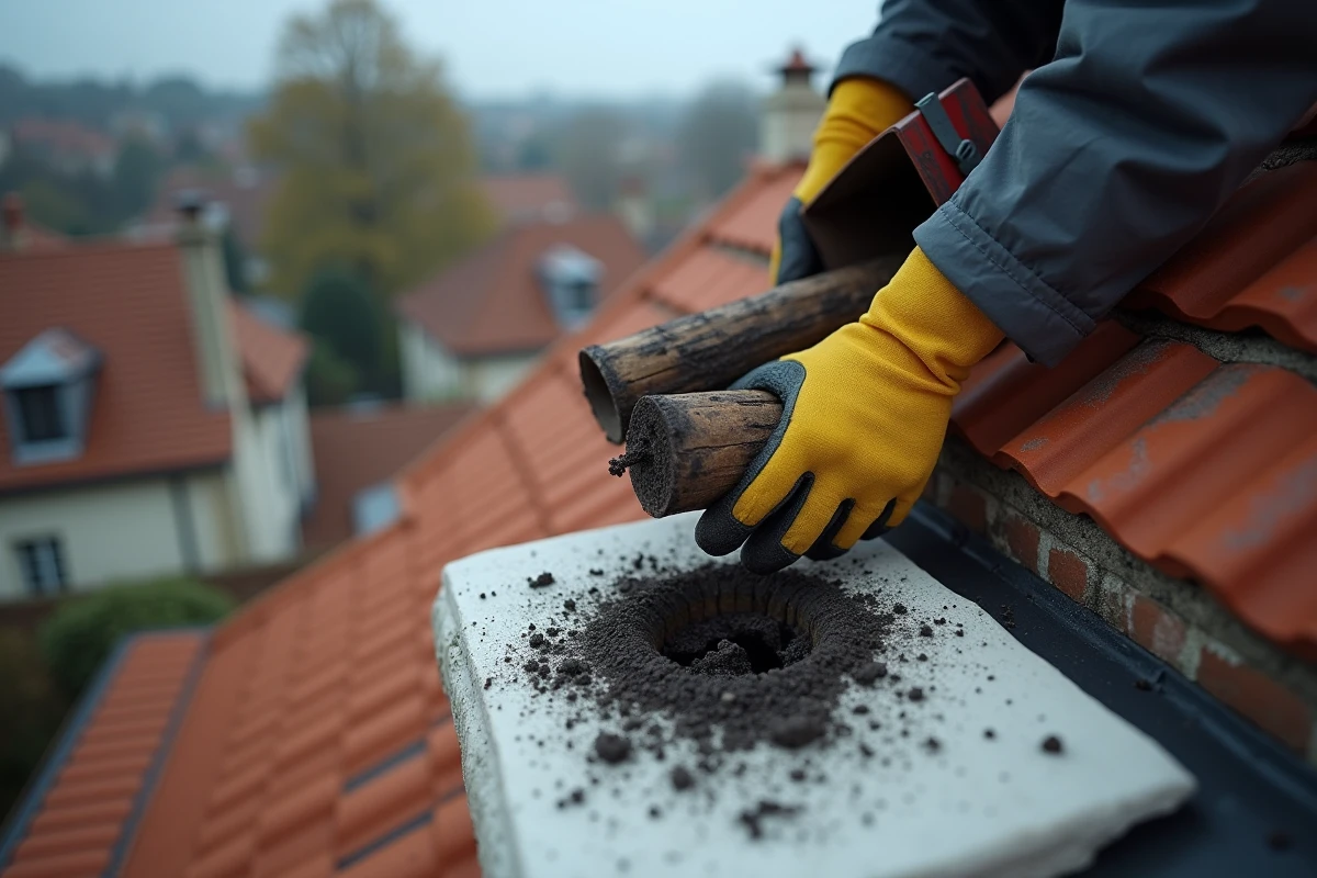 Gros plan sur les dépôts de suie et les résidus visibles après utilisation d'une bûche de ramonage sur une cheminée en brique