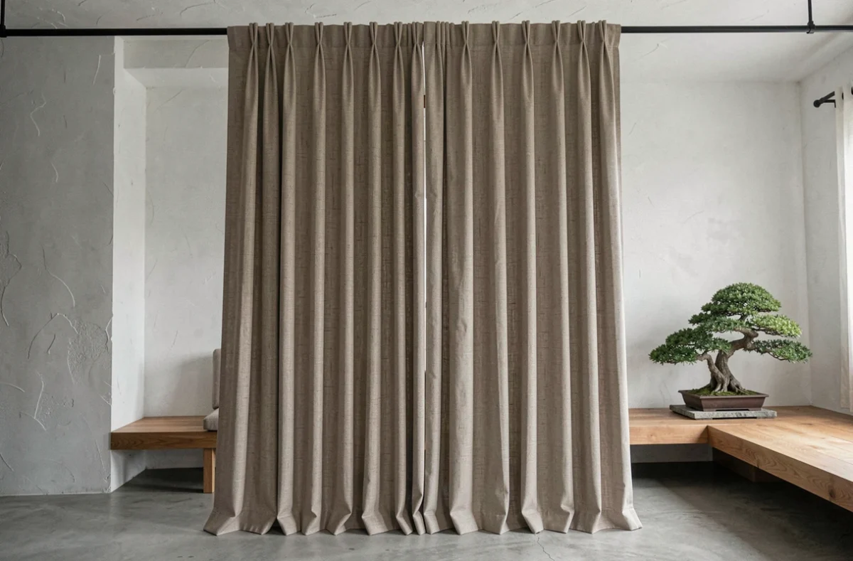 Rideaux occultants japonisants en lin beige dans un salon minimaliste avec meuble bas en bois et bonsaï