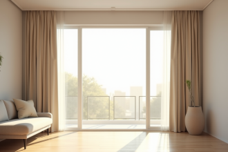 Salon moderne avec grande fenêtre et rideaux beige lumineux