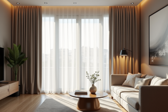 Salon moderne avec grand rideau occultant et lumière naturelle