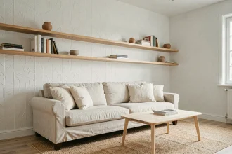Salon scandinave avec papier peint blanc texturé et étagères en bois de chêne clair agrandissant visuellement la pièce
