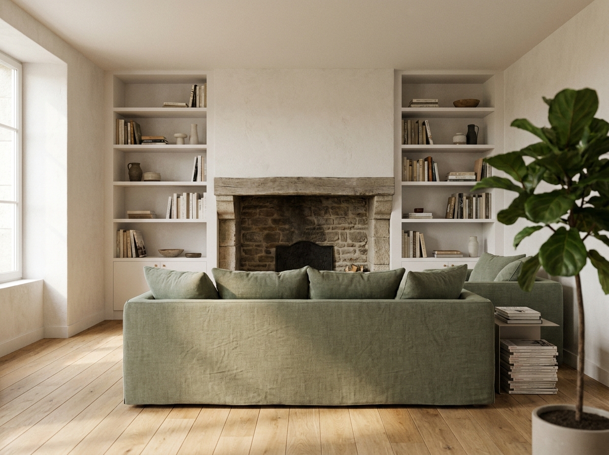 Salon rénové dans une maison contemporaine à Rennes avec parquet en chêne, cheminée en pierre restaurée et canapé en lin vert sauge