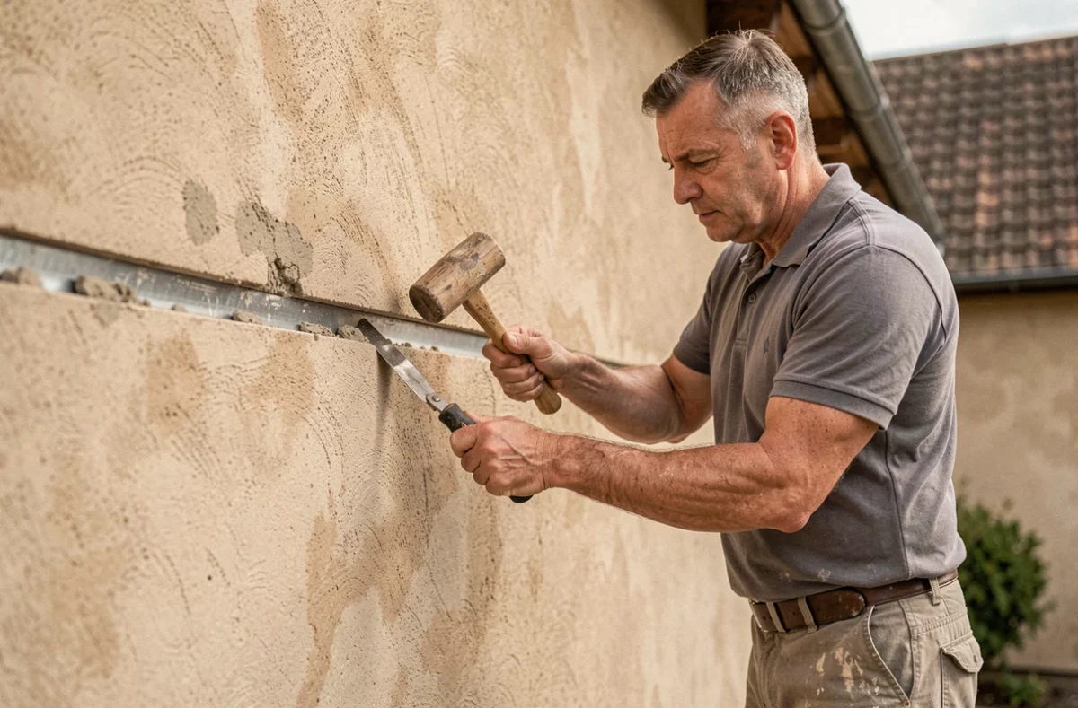 Maçon appliquant un solin en plomb contre un mur sur façade crépie, finition soignée au maillet de bois