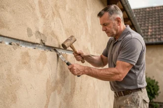 Maçon appliquant un solin en plomb contre un mur sur façade crépie, finition soignée au maillet de bois