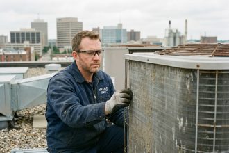 Technicien en froid industriel inspectant un aérocondenseur sur un toit commercial lors d'une mise à niveau d'installation frigorifique