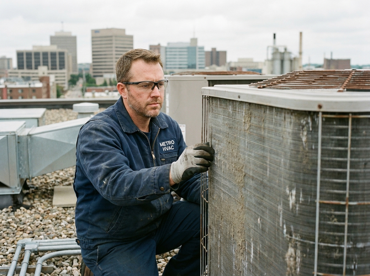 Technicien en froid industriel inspectant un aérocondenseur sur un toit commercial lors d'une mise à niveau d'installation frigorifique