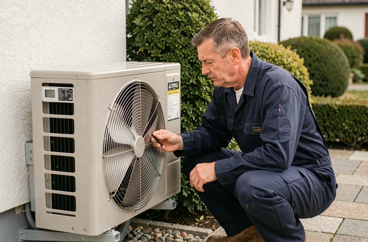 Technicien inspectant le ventilateur d'une pompe à chaleur extérieure installée sur un mur de maison résidentielle