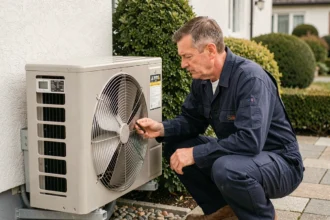 Technicien inspectant le ventilateur d'une pompe à chaleur extérieure installée sur un mur de maison résidentielle