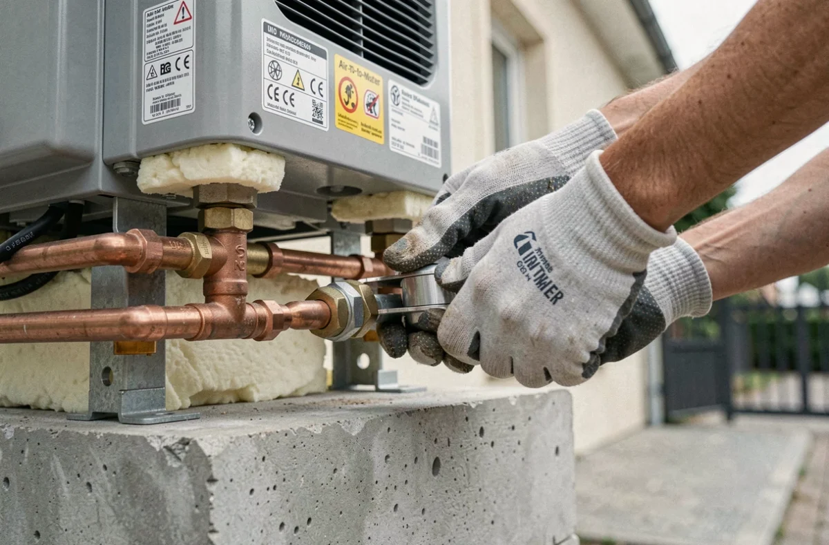 Technicien raccordant les tuyaux d'une pompe à chaleur air-eau lors d'une installation certifiée RGE