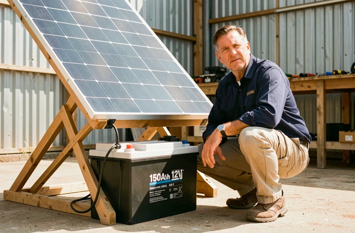 Technicien installant un panneau solaire monocristallin connecté à une batterie 12V 150Ah dans un atelier extérieur
