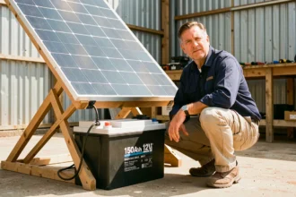 Technicien installant un panneau solaire monocristallin connecté à une batterie 12V 150Ah dans un atelier extérieur