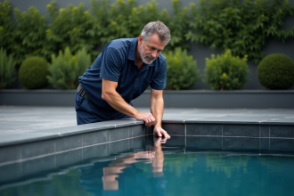 Technicien piscine inspectant le liner noir extérieur