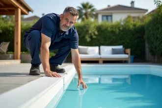 Technicien piscine en tenue navy inspectant le plâtre neuf