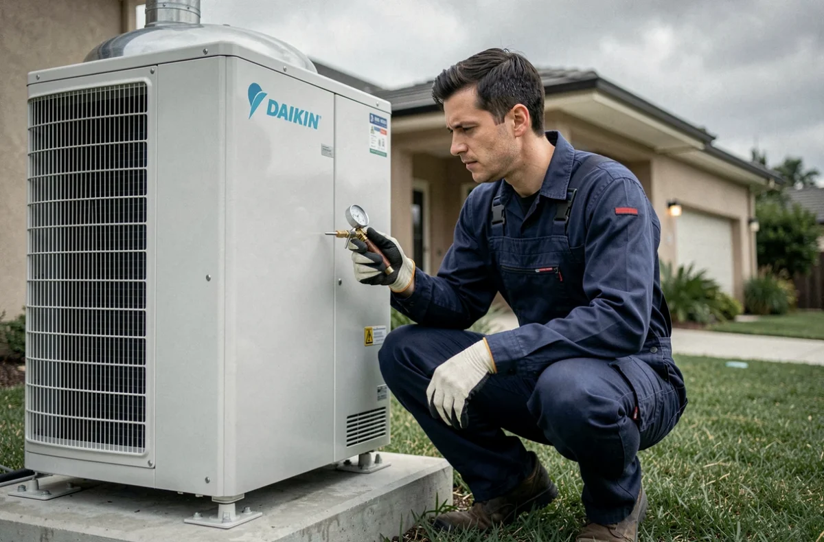 Technicien HVAC inspectant une pompe à chaleur haute température Daikin installée à l'extérieur d'une maison résidentielle