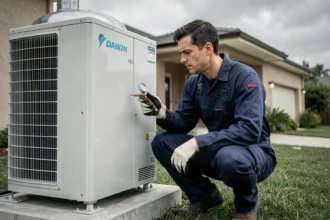 Technicien HVAC inspectant une pompe à chaleur haute température Daikin installée à l'extérieur d'une maison résidentielle