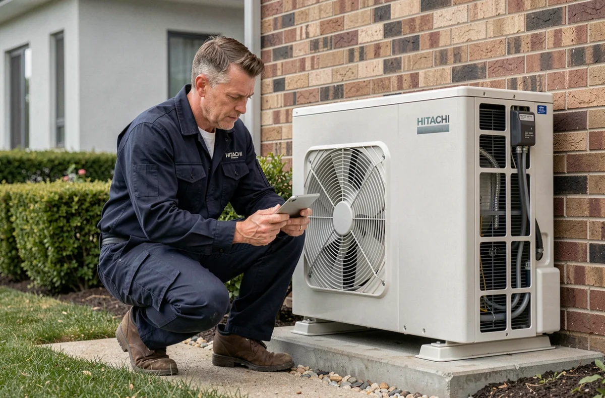Technicien inspectant une pompe à chaleur air-eau Hitachi installée en extérieur sur une maison individuelle