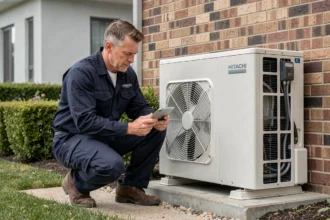 Technicien inspectant une pompe à chaleur air-eau Hitachi installée en extérieur sur une maison individuelle
