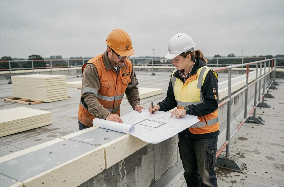 Deux techniciens en bâtiment consultant des plans sur un chantier de toiture pour corriger les ponts thermiques autour d'un acrotère