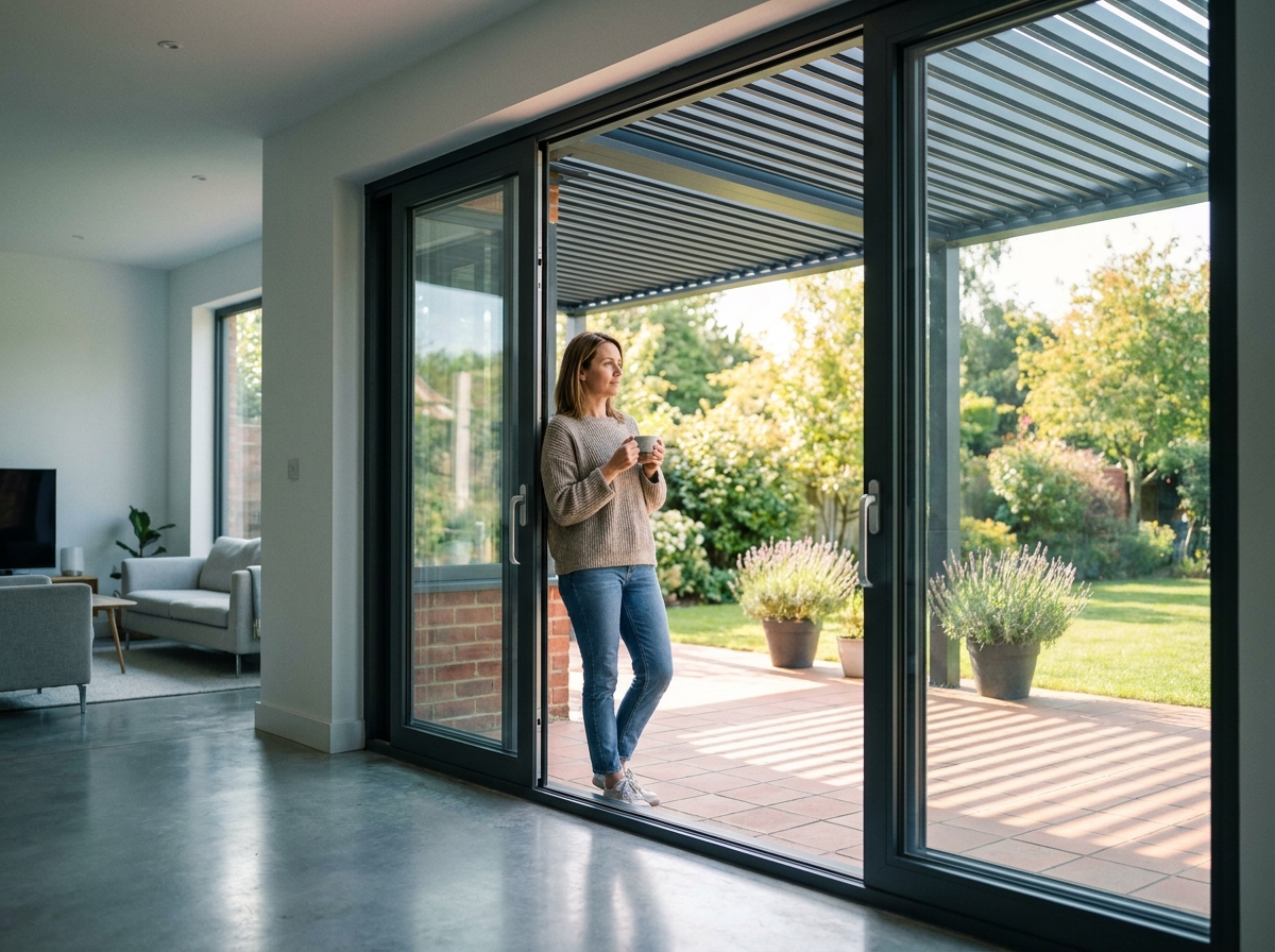 Femme admirant sa terrasse avec pergola à lames orientables depuis l'intérieur de sa maison à Bordeaux