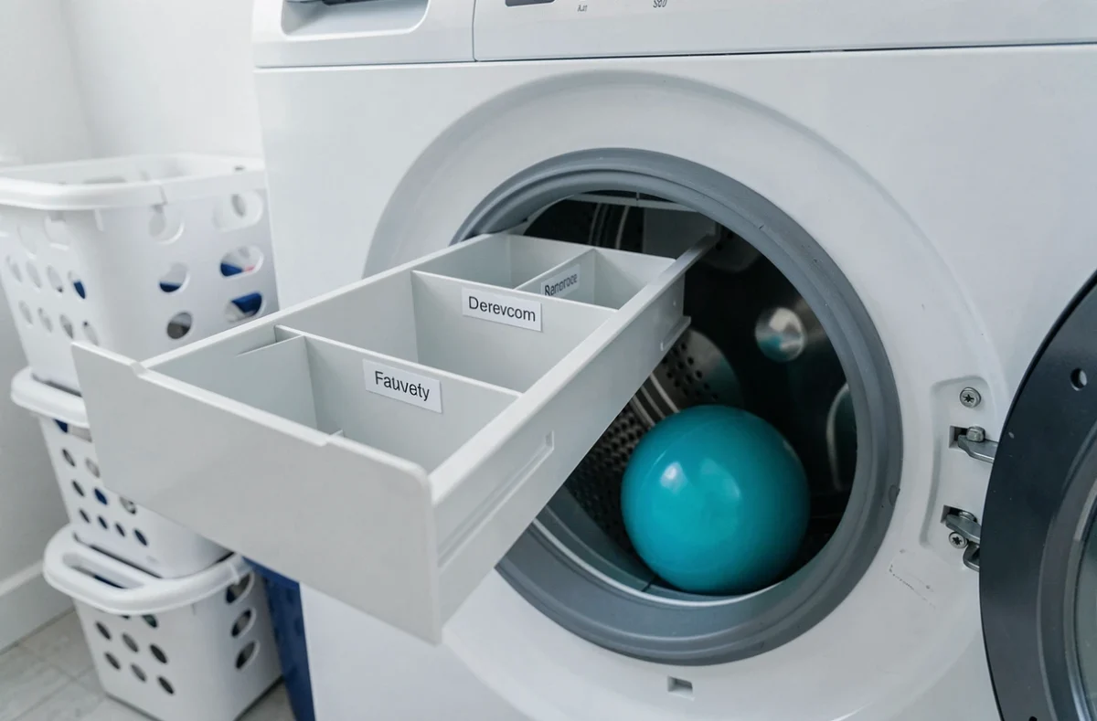 Tiroir de lave-linge ouvert avec compartiments visibles et boule de lavage dans le tambour