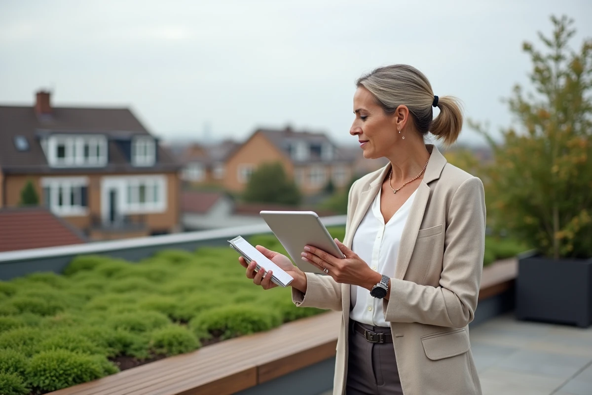Propriétaire ou architecte examinant les plans d'un toit terrasse végétalisé isolé avec tablette numérique