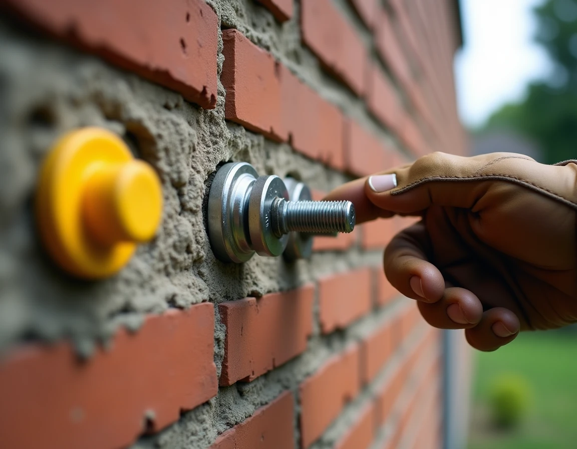 Gros plan sur trois types de chevilles installées dans un mur en brique ancienne, illustrant les différentes solutions de fixation selon le support