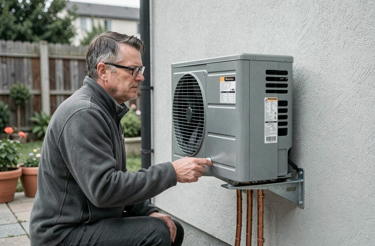 Unité extérieure d'une pompe à chaleur air-air installée sur la façade d'une maison individuelle