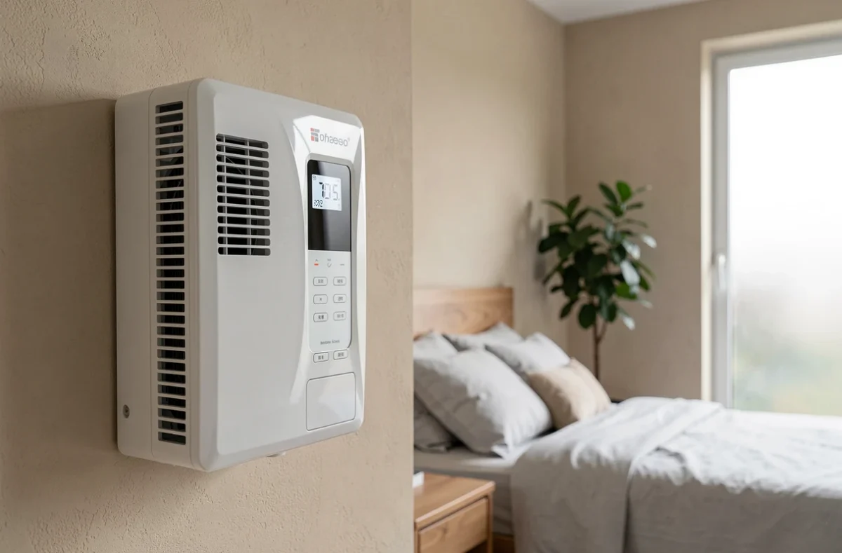 Unité intérieure de climatisation réversible 7 kW en gros plan dans une chambre avec thermostat numérique et literie grise