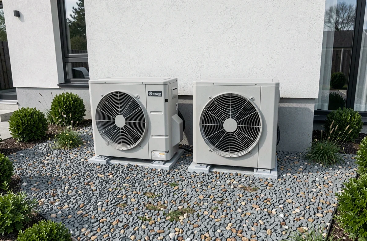 Deux unités extérieures de pompe à chaleur installées côte à côte sur un support anti-vibration en façade de maison moderne