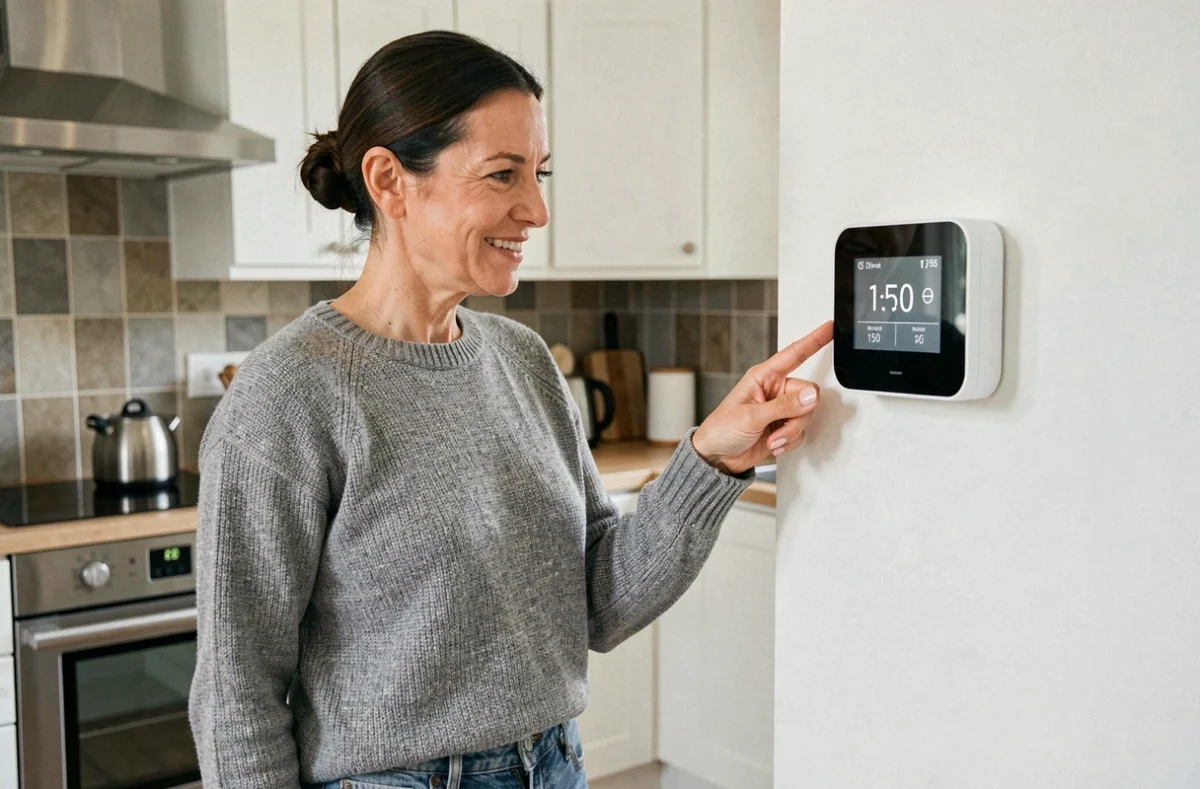 Femme réglant le thermostat connecté d'une pompe à chaleur air-eau Hitachi dans une cuisine moderne