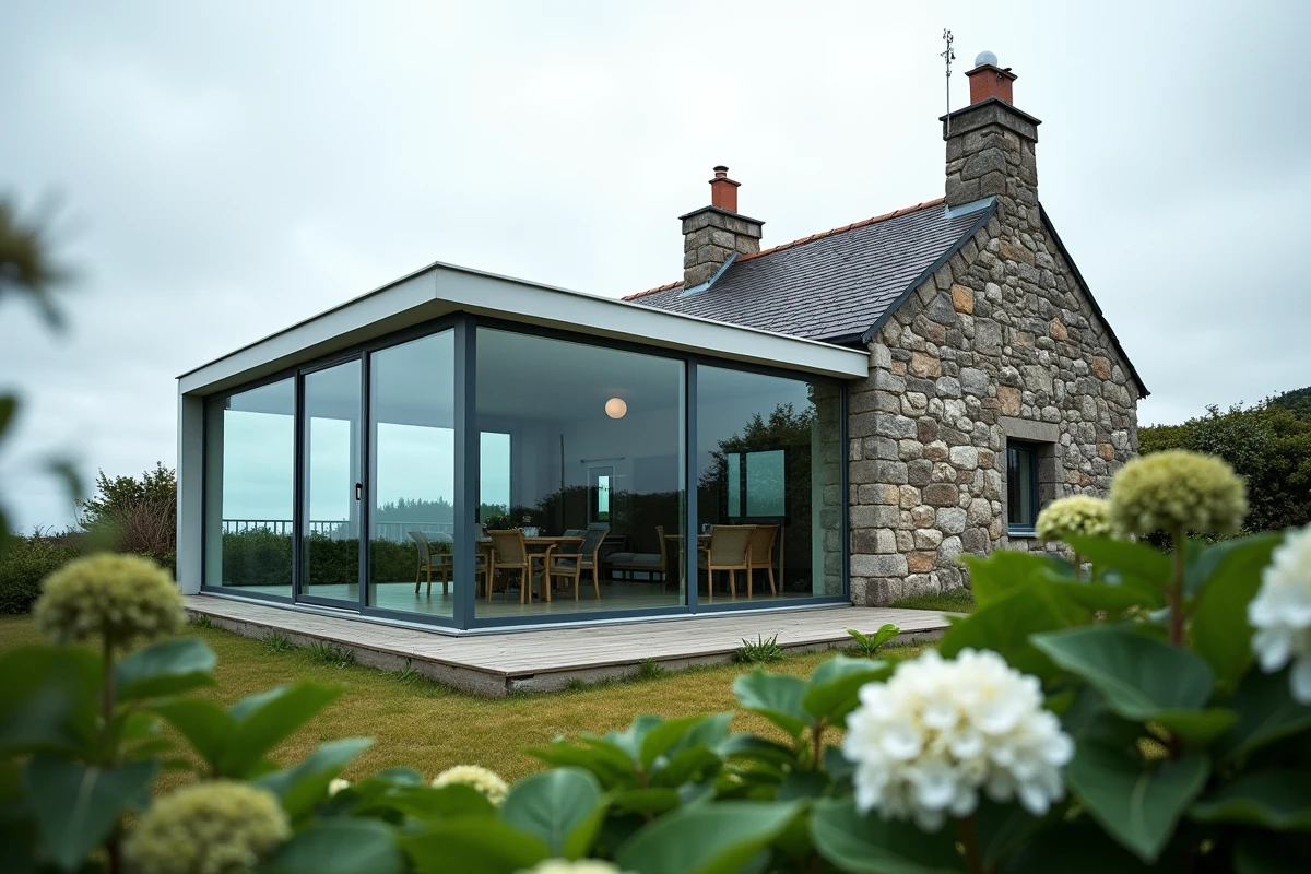 Véranda en aluminium et verre intégrée à une maison en pierre bretonne à Saint-Quay-Perros avec vue sur jardin côtier