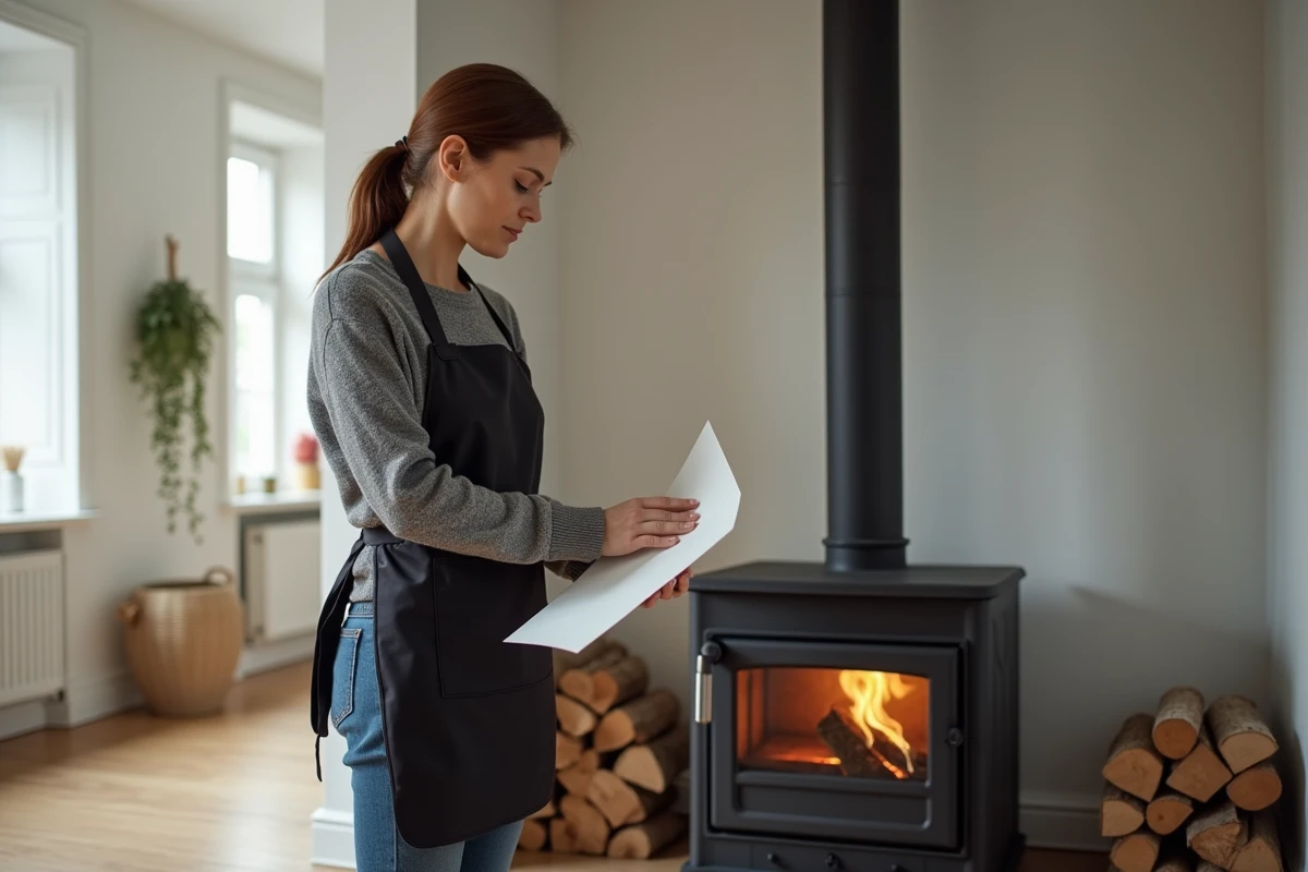 Femme vérifiant le tirage d'un poêle à bois moderne après l'utilisation d'une bûche de ramonage