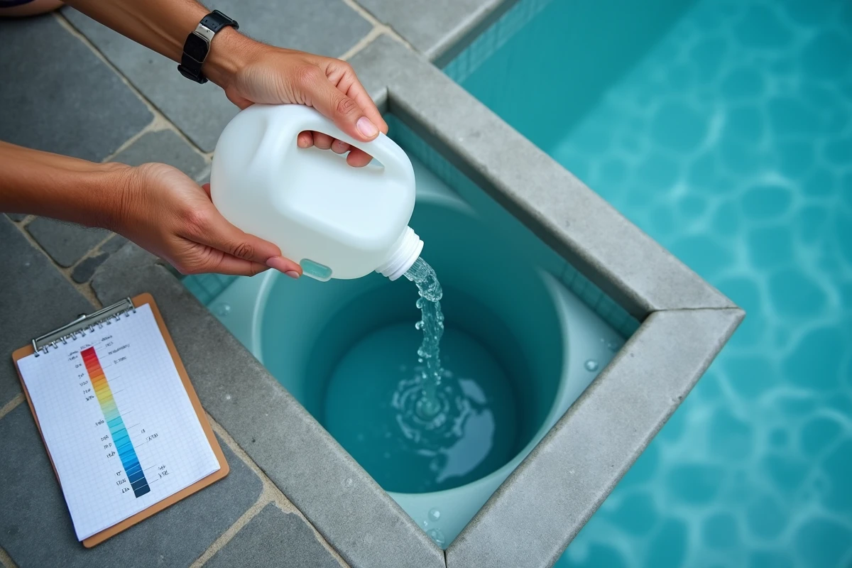 Versement précis d'eau de javel dans le skimmer d'une piscine avec dosage noté sur un carnet
